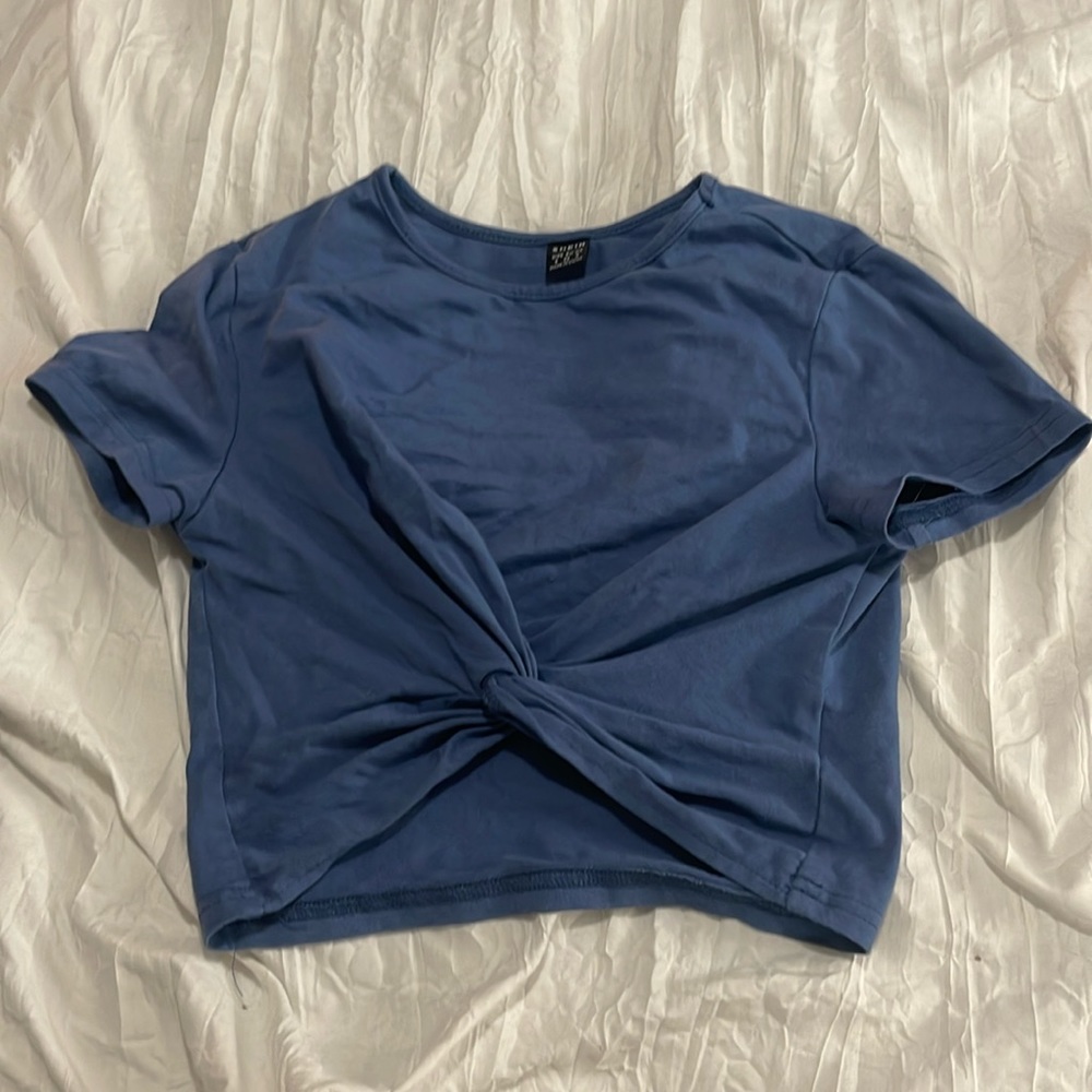 blue ribbon tied crop top off shein